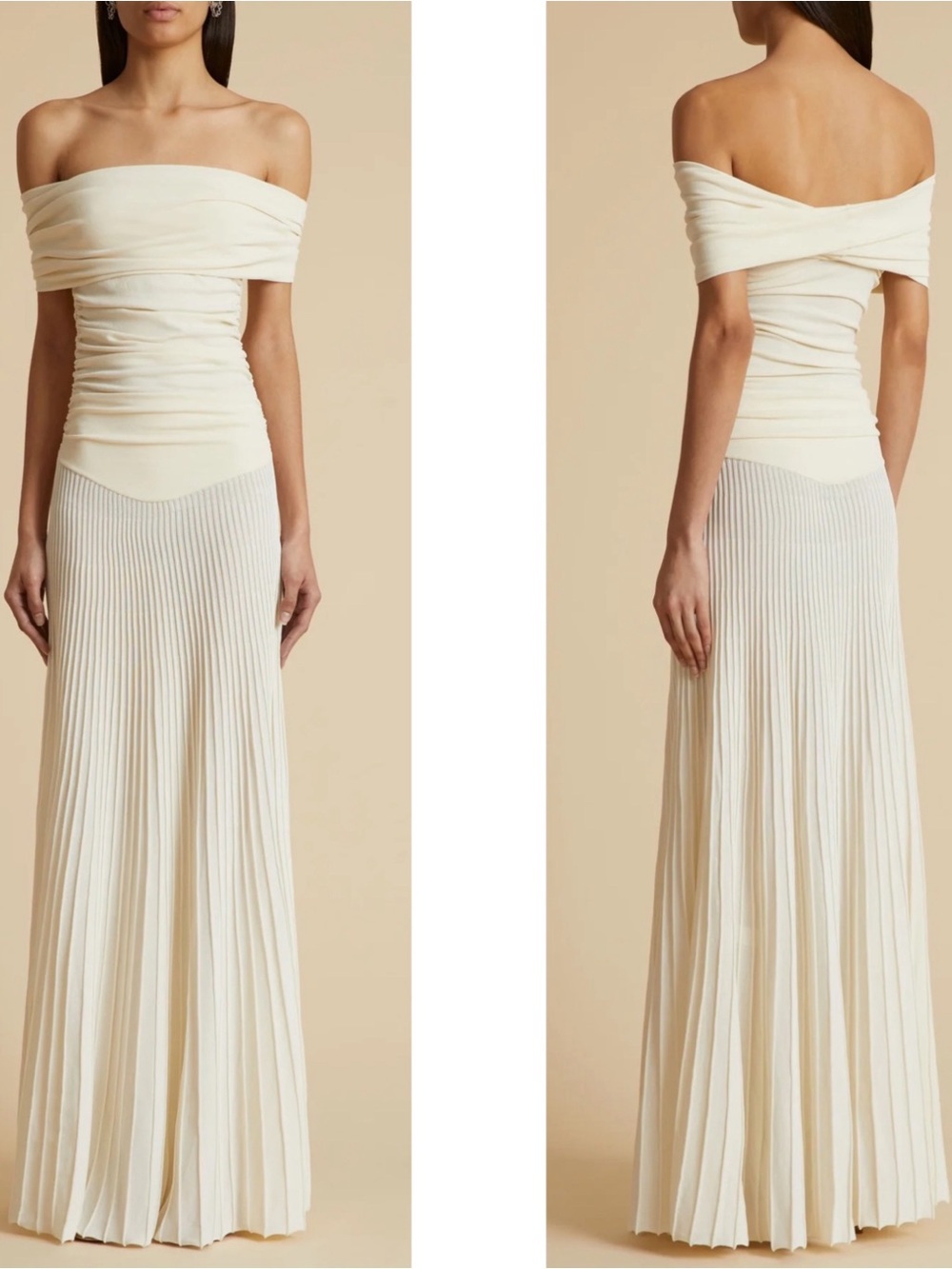 KHAITE Marca Plisse Trimmed Jersey Off the Shoulder White Maxi Dress Size L